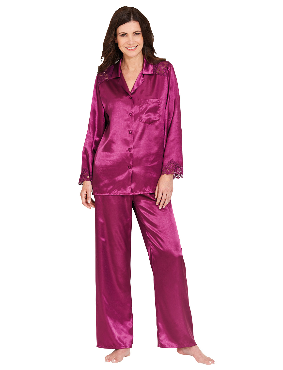 Ladies Satin Lace Trim Pyjamas Ebay