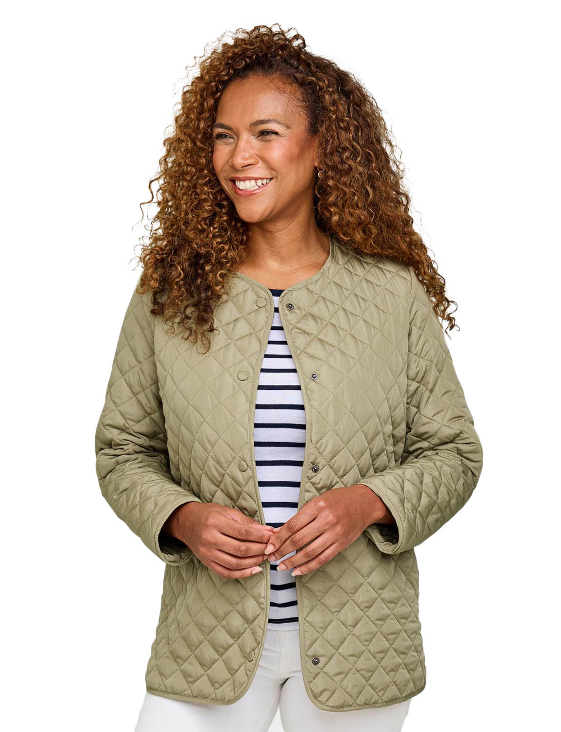 Ladies Lightweight Showerproof Diamond Quilted Collarless Jacket with Stud