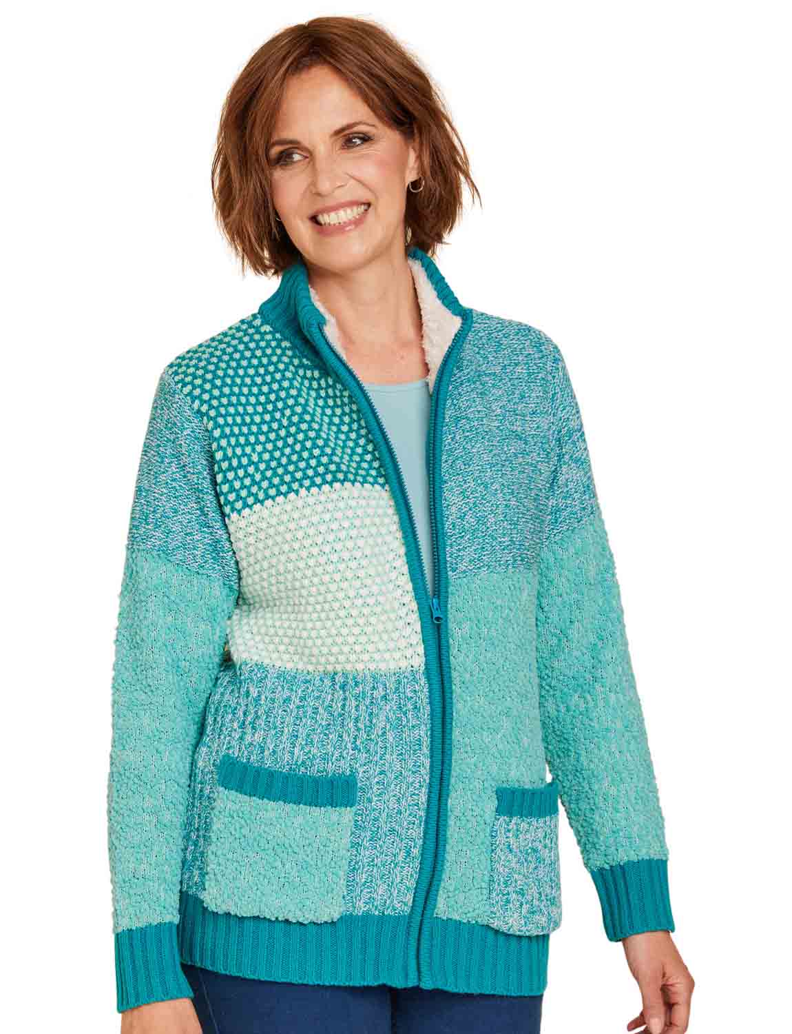 Ladies Patchwork Fleece Trim Cardigan by Amber UK