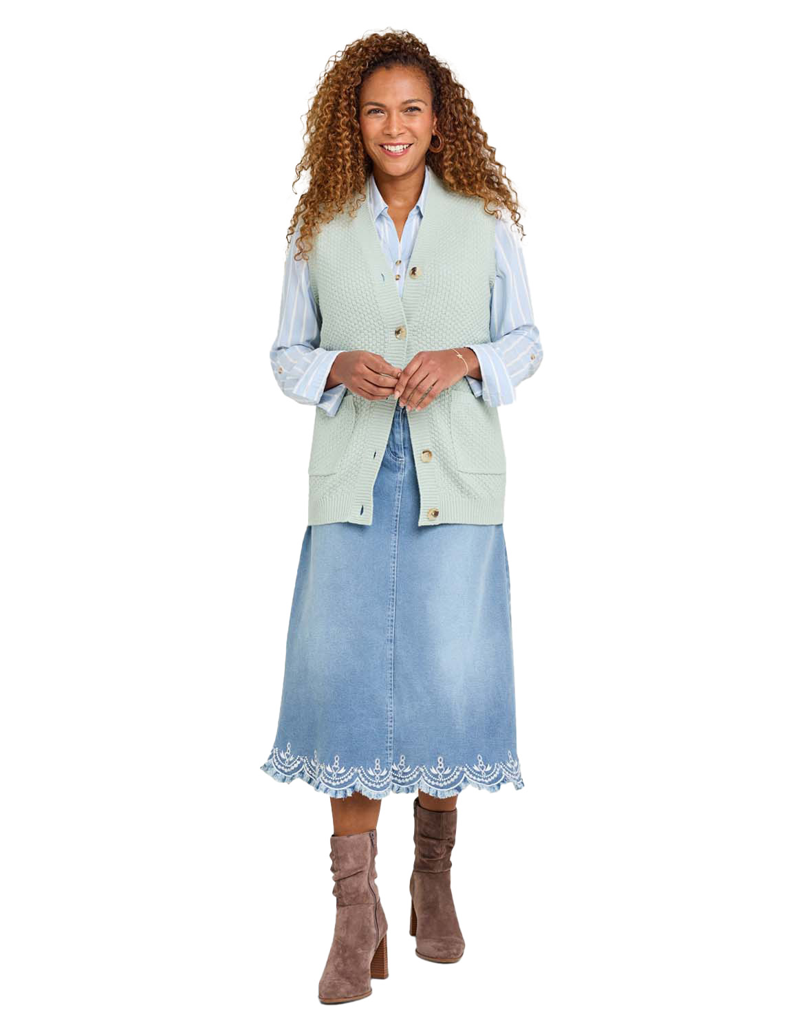 Ladies Two Pocket Knitted Waistcoat Basket Weave Texture with Mock Horn Buttons - Picture 9 of 28
