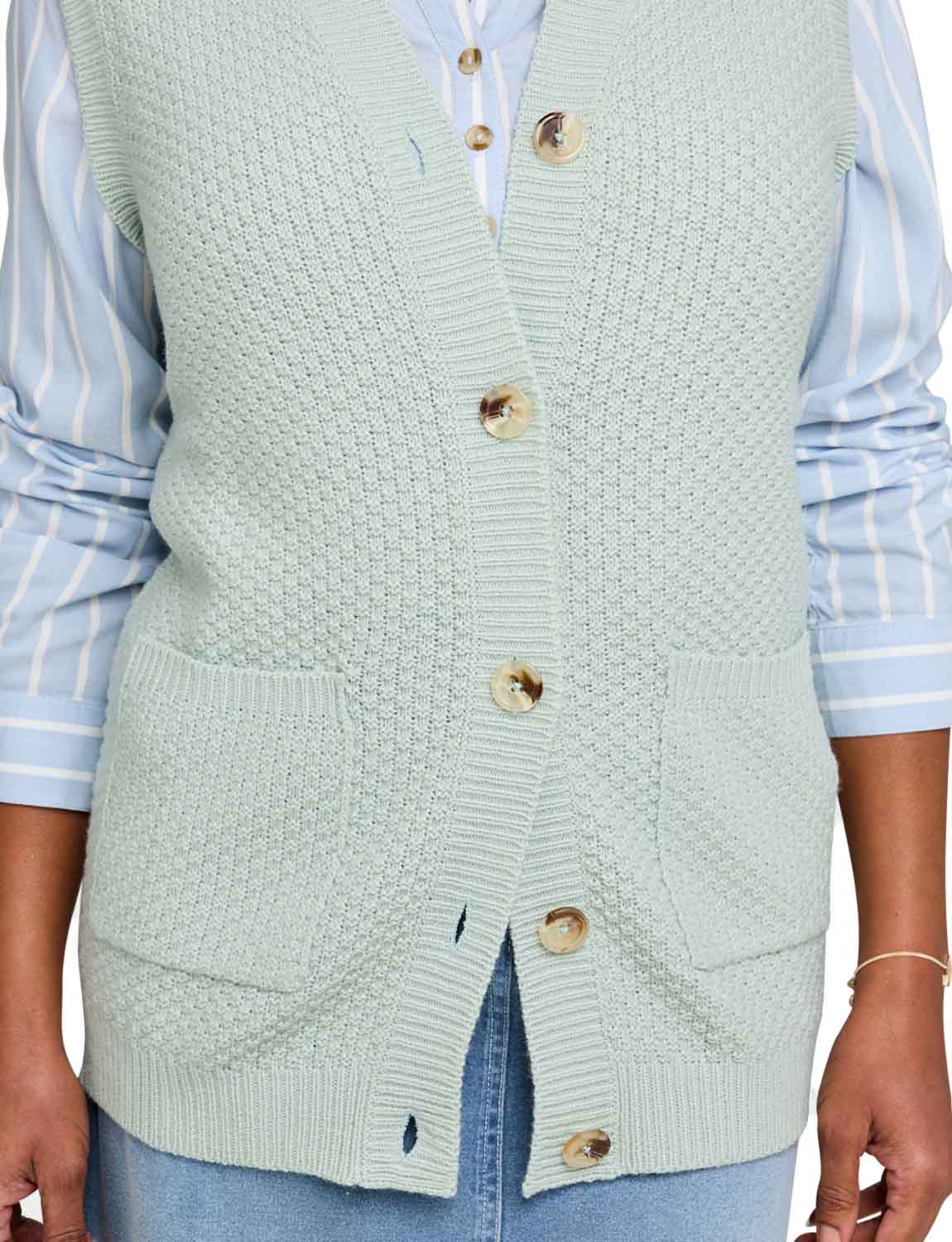 Ladies Two Pocket Knitted Waistcoat Basket Weave Texture with Mock Horn Buttons - Picture 12 of 28