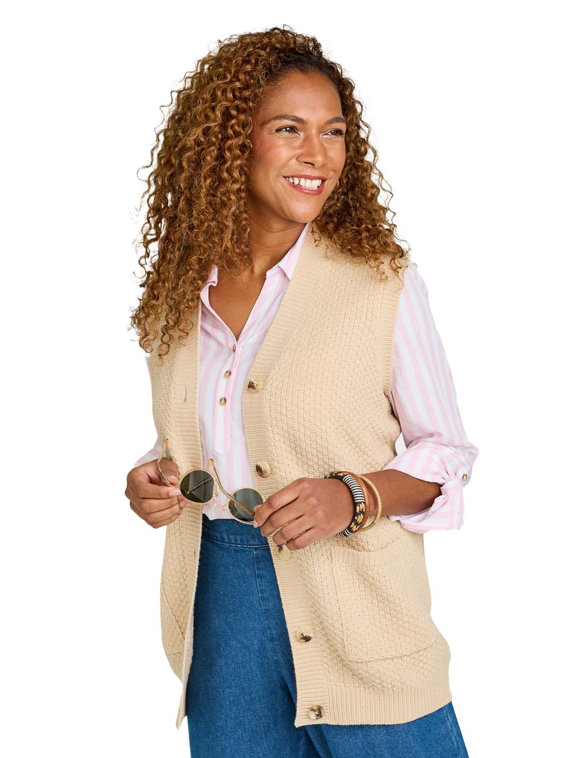 Ladies Two Pocket Knitted Waistcoat Basket Weave Texture with Mock Horn Buttons - Picture 17 of 28
