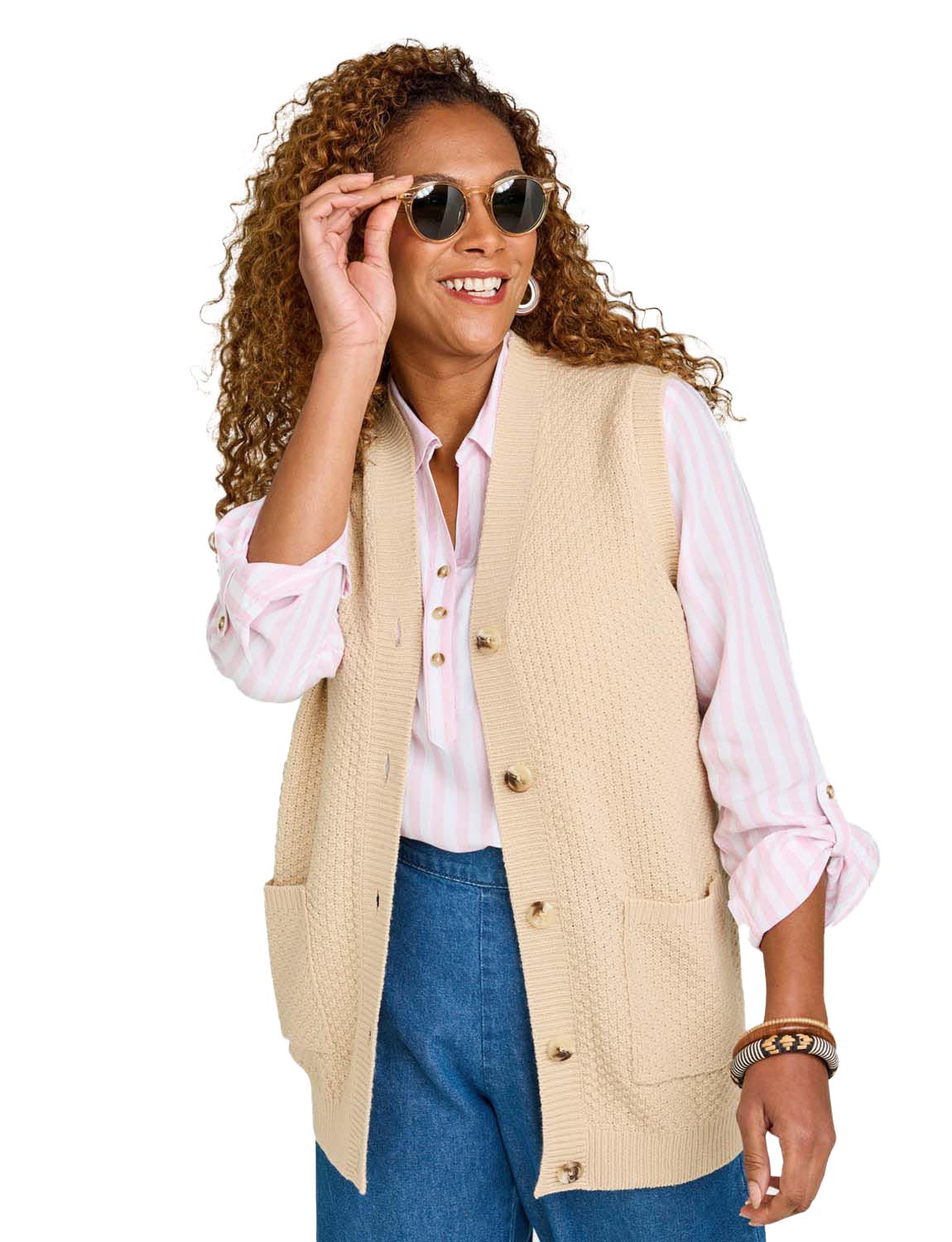 Ladies Two Pocket Knitted Waistcoat Basket Weave Texture with Mock Horn Buttons - Picture 18 of 28