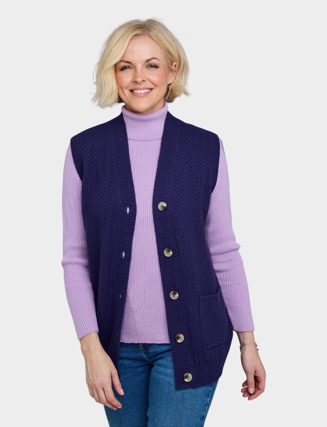 Ladies Two Pocket Knitted Waistcoat Basket Weave Texture with Mock Horn Buttons - Picture 24 of 28