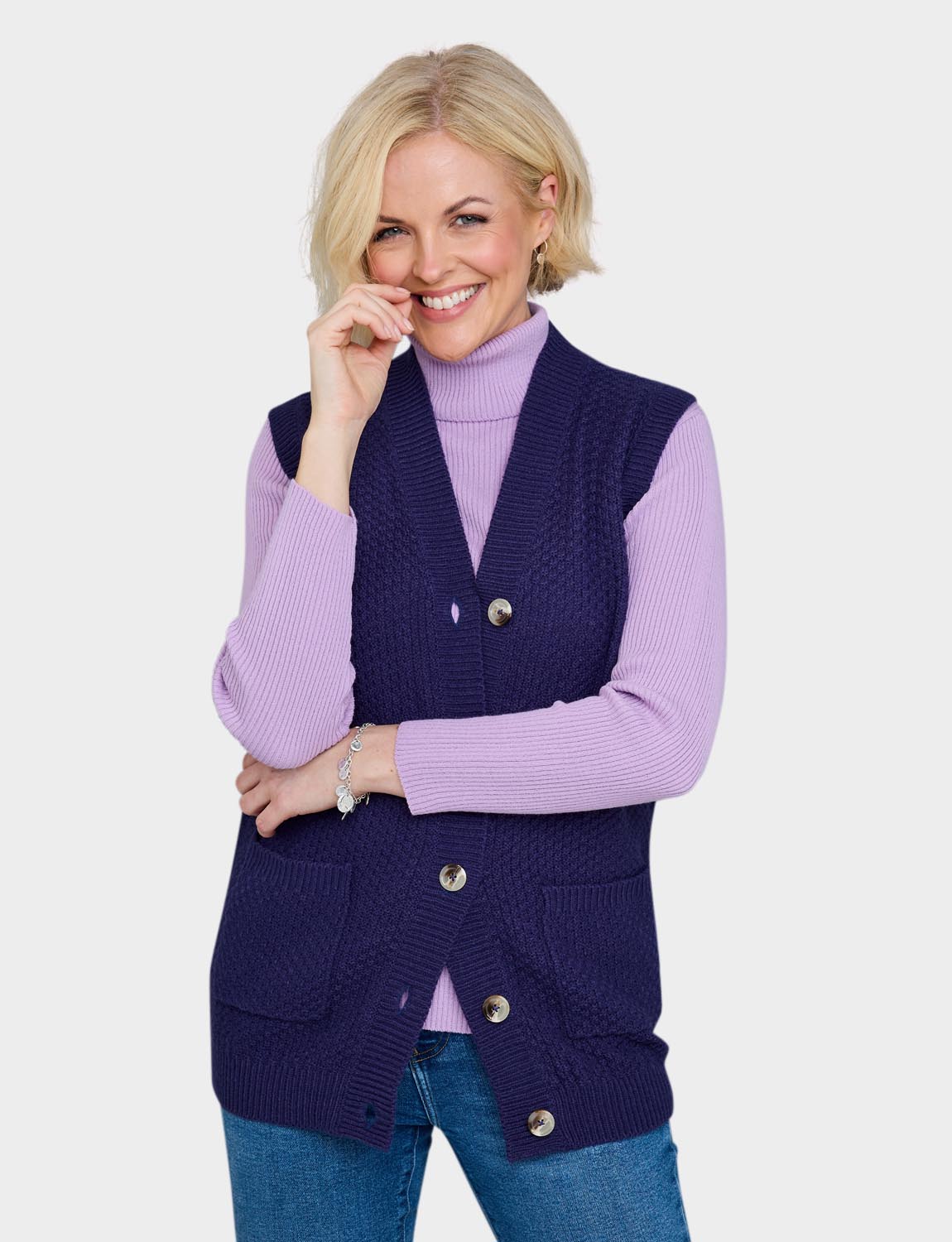 Ladies Two Pocket Knitted Waistcoat Basket Weave Texture with Mock Horn Buttons - Picture 25 of 28
