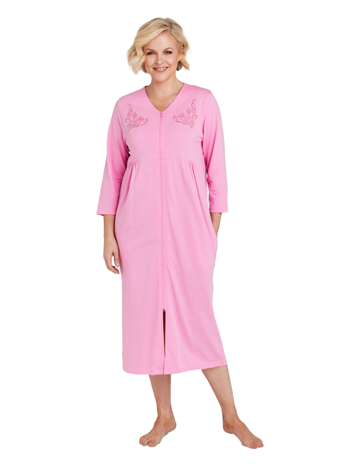 Ladies Embroidered Zip Through Dressing Gown – 100% Cotton Jersey Robe for - Picture 9 of 14