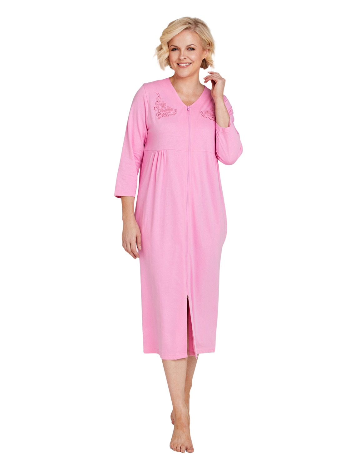 Ladies Embroidered Zip Through Dressing Gown – 100% Cotton Jersey Robe for - Picture 10 of 14