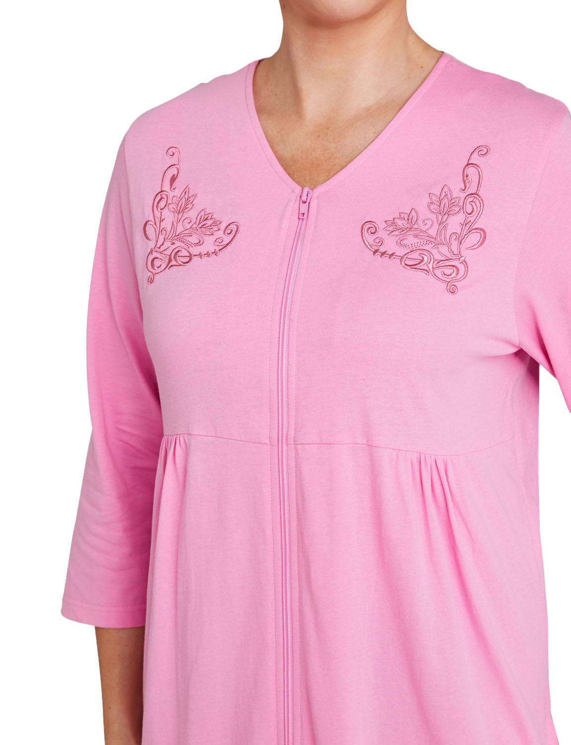 Ladies Embroidered Zip Through Dressing Gown – 100% Cotton Jersey Robe for - Picture 11 of 14