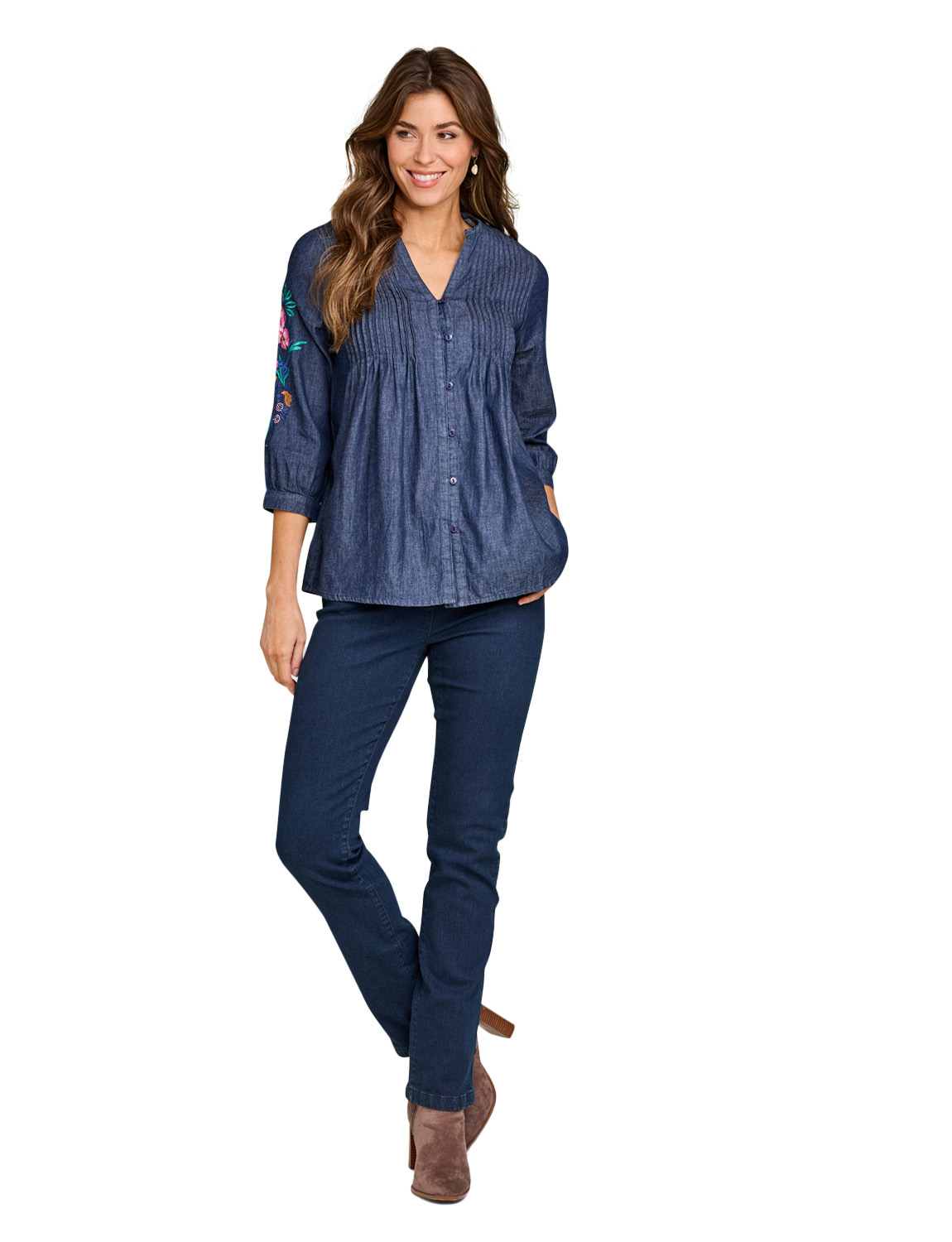 Ladies Embroidered Sleeve Pintuck Denim Shirt – Lightweight 100% Cotton Blouse