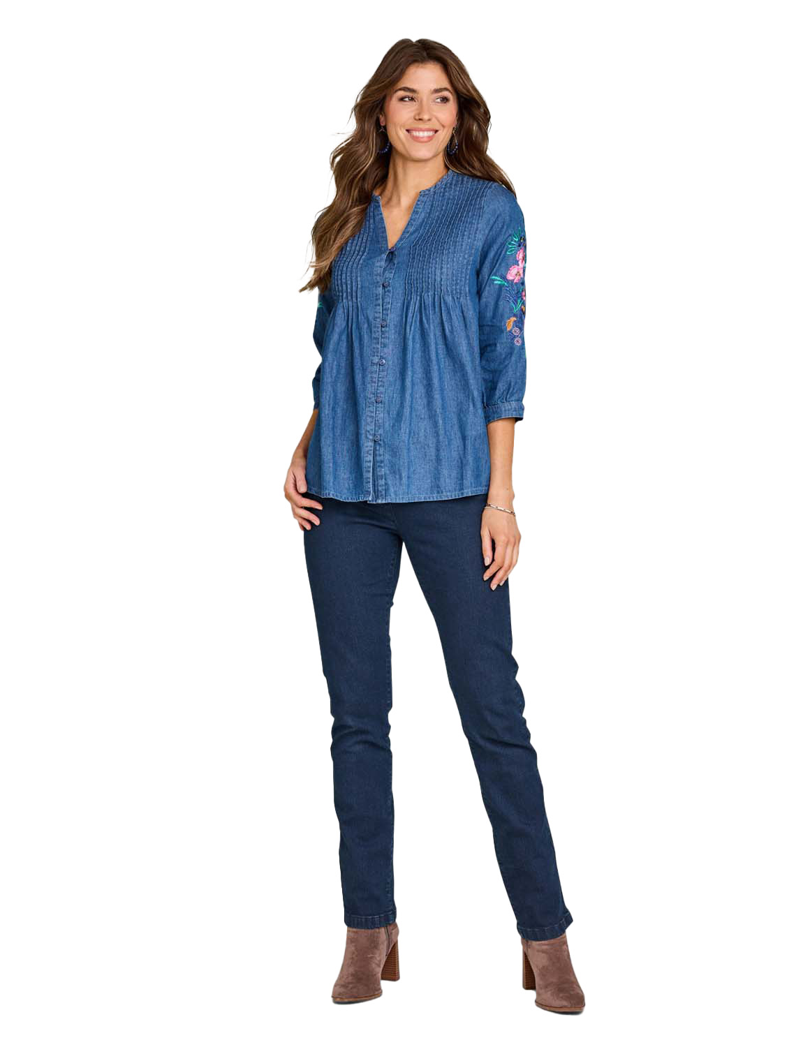 Ladies Embroidered Sleeve Pintuck Denim Shirt – Lightweight 100% Cotton Blouse