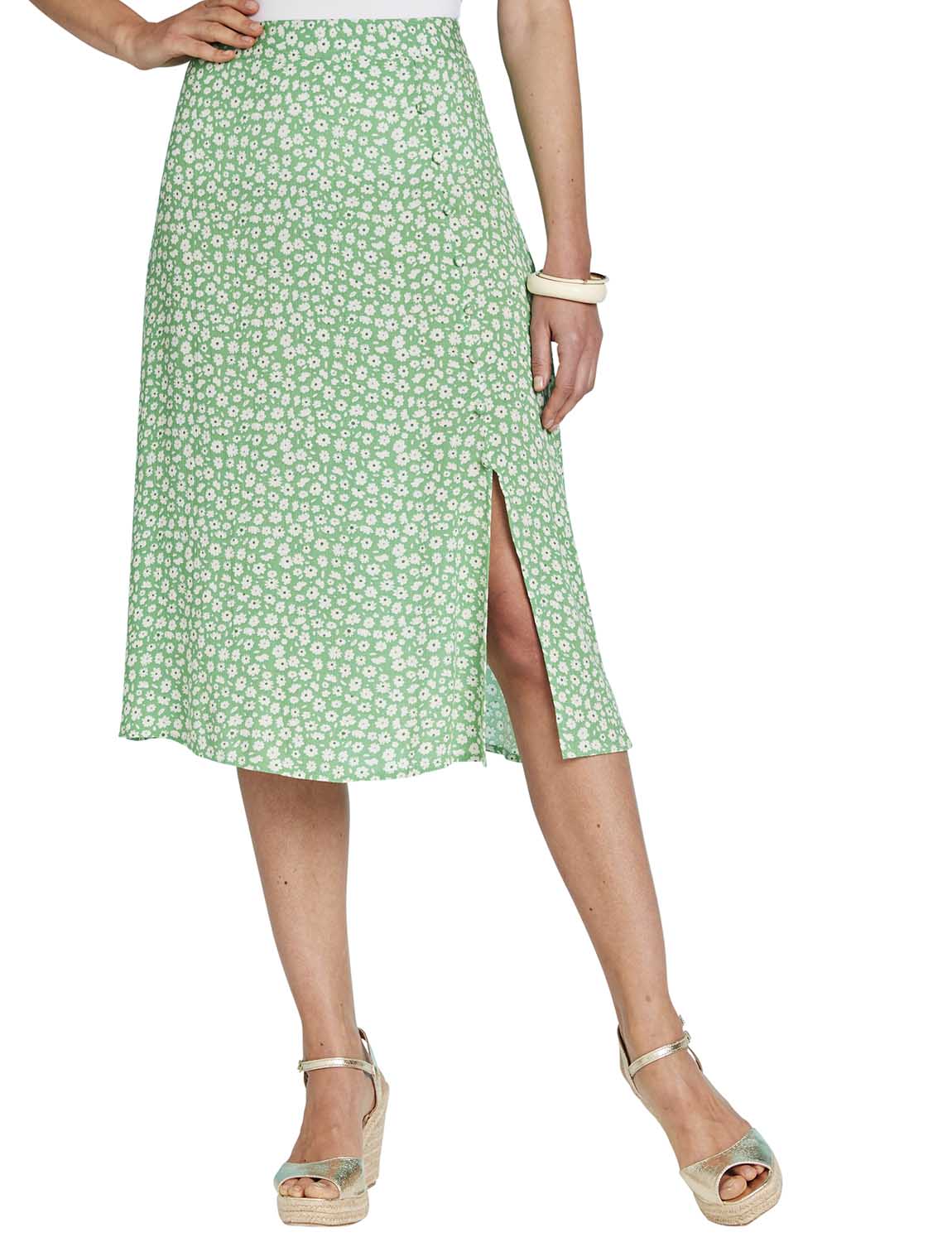 Image of Side Split Covered Button Print Viscose Skirt