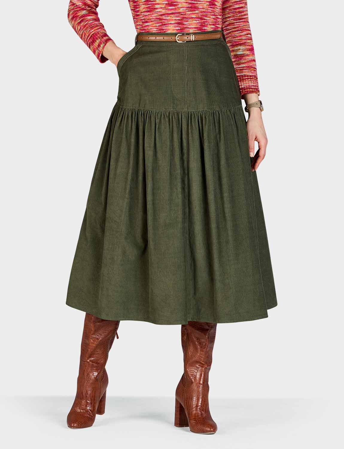 Ladies Pull-On Stretch Tiered Cord Skirt with Elasticated Waist and Pockets