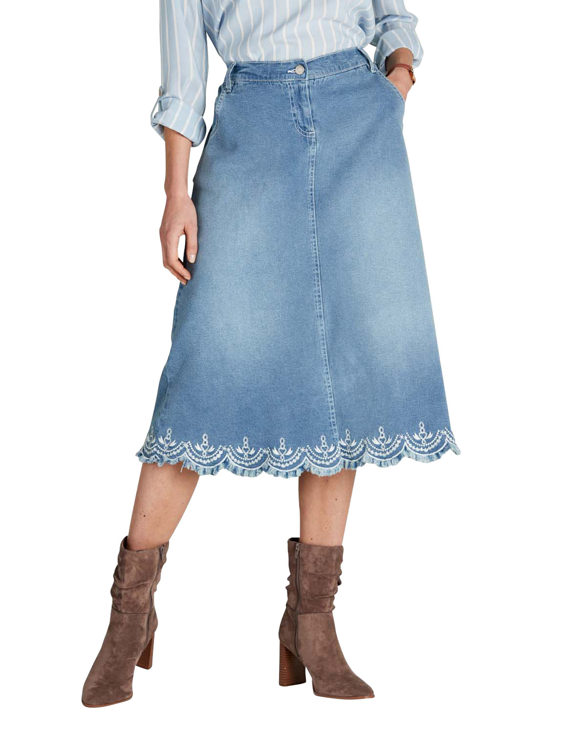 Ladies Embroidered Hem Denim Skirt – Scallop Hem, Elasticated Waist & Pockets
