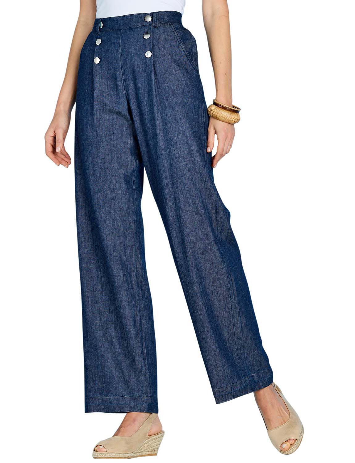 Ladies Pull On Denim Trousers With Stylish Button Detailing, Wide Leg by Amber