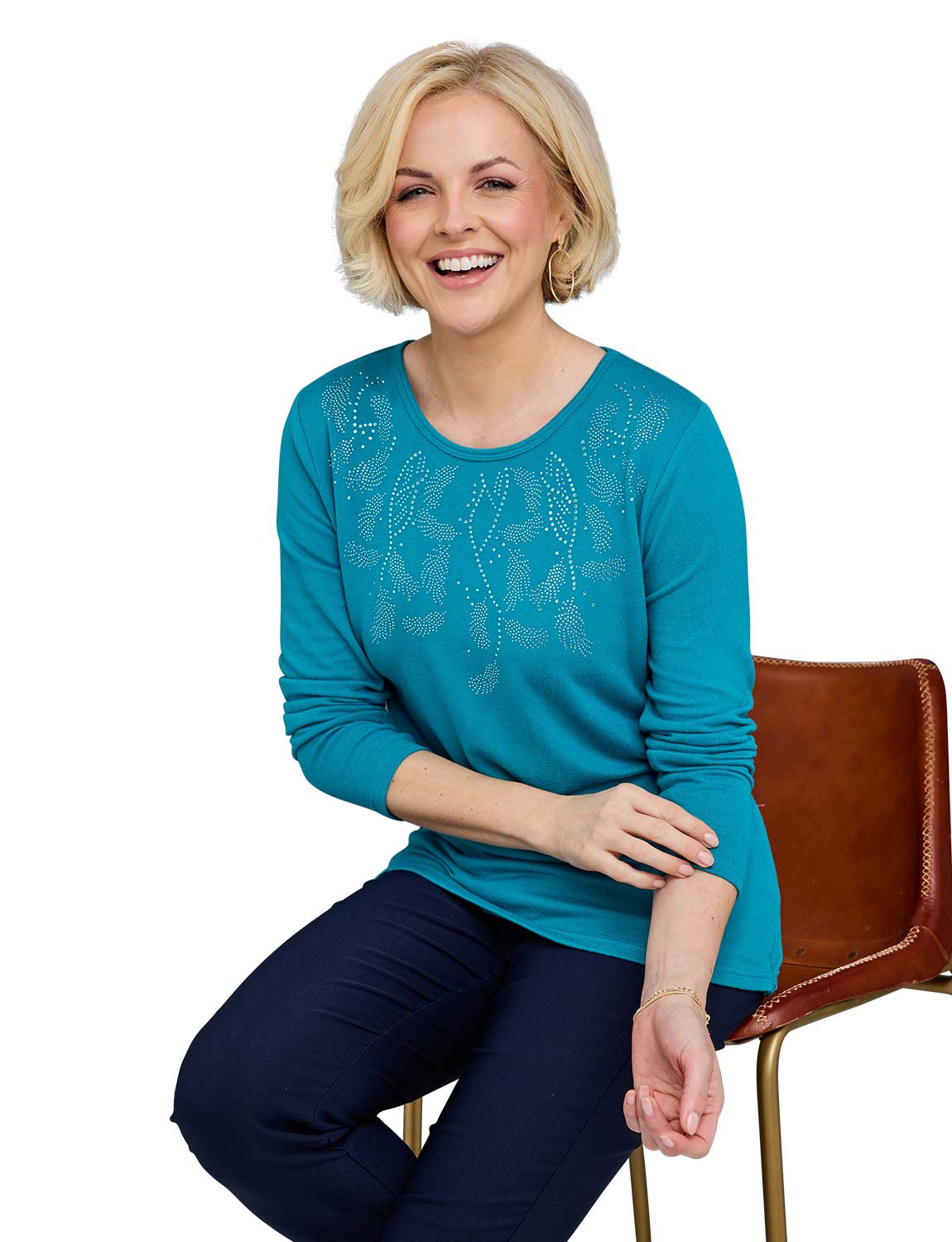 Diamante Trim Long Sleeve Warm Handle Top Soft Fabric Elegant Top with Sparkly - Picture 9 of 14