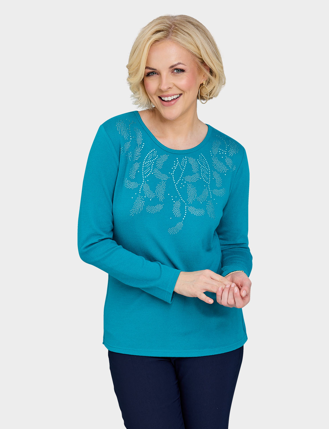 Diamante Trim Long Sleeve Warm Handle Top Soft Fabric Elegant Top with Sparkly - Picture 10 of 14
