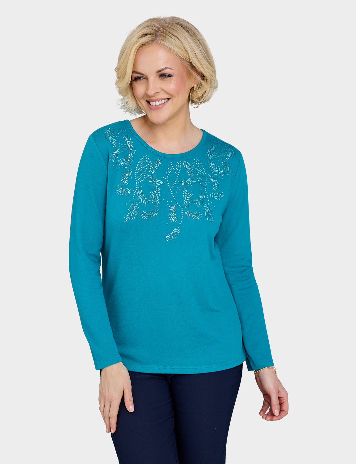 Diamante Trim Long Sleeve Warm Handle Top Soft Fabric Elegant Top with Sparkly - Picture 11 of 14