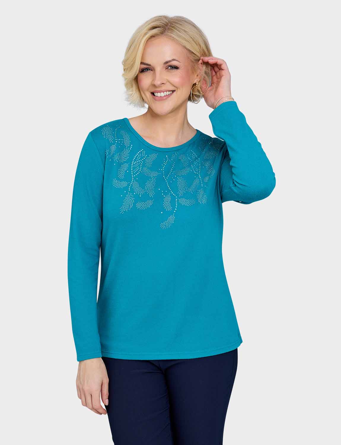 Diamante Trim Long Sleeve Warm Handle Top Soft Fabric Elegant Top with Sparkly - Picture 12 of 14