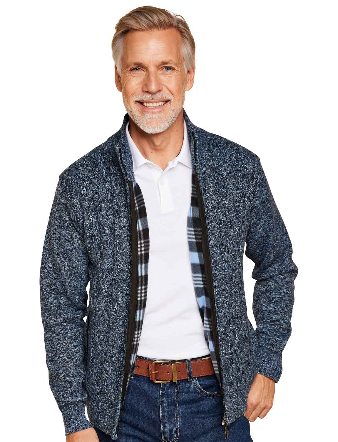 Mens Fleece Lined Cardigan, Cable Knitted with Full Zip by Pegasus