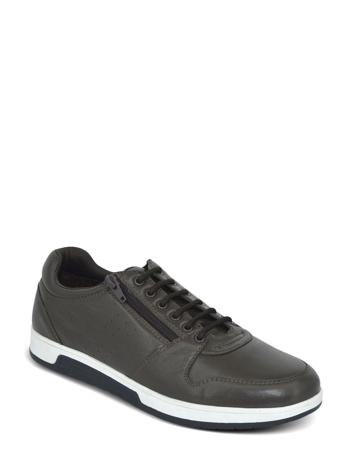 Mens Wide Fit Leather Lace Trainer With Side Zip For Adjustable Comfort by